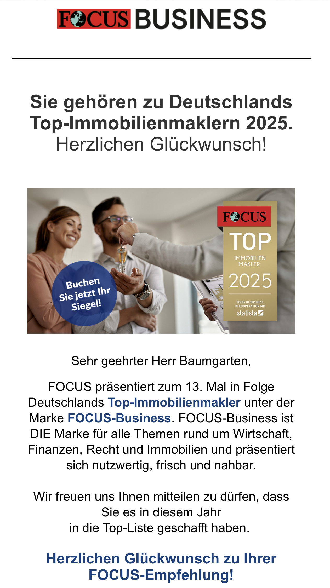 Top Makler 2025 Deutschlands durch Focus Business: Ein Dank an unsere Kunden und Kollegen