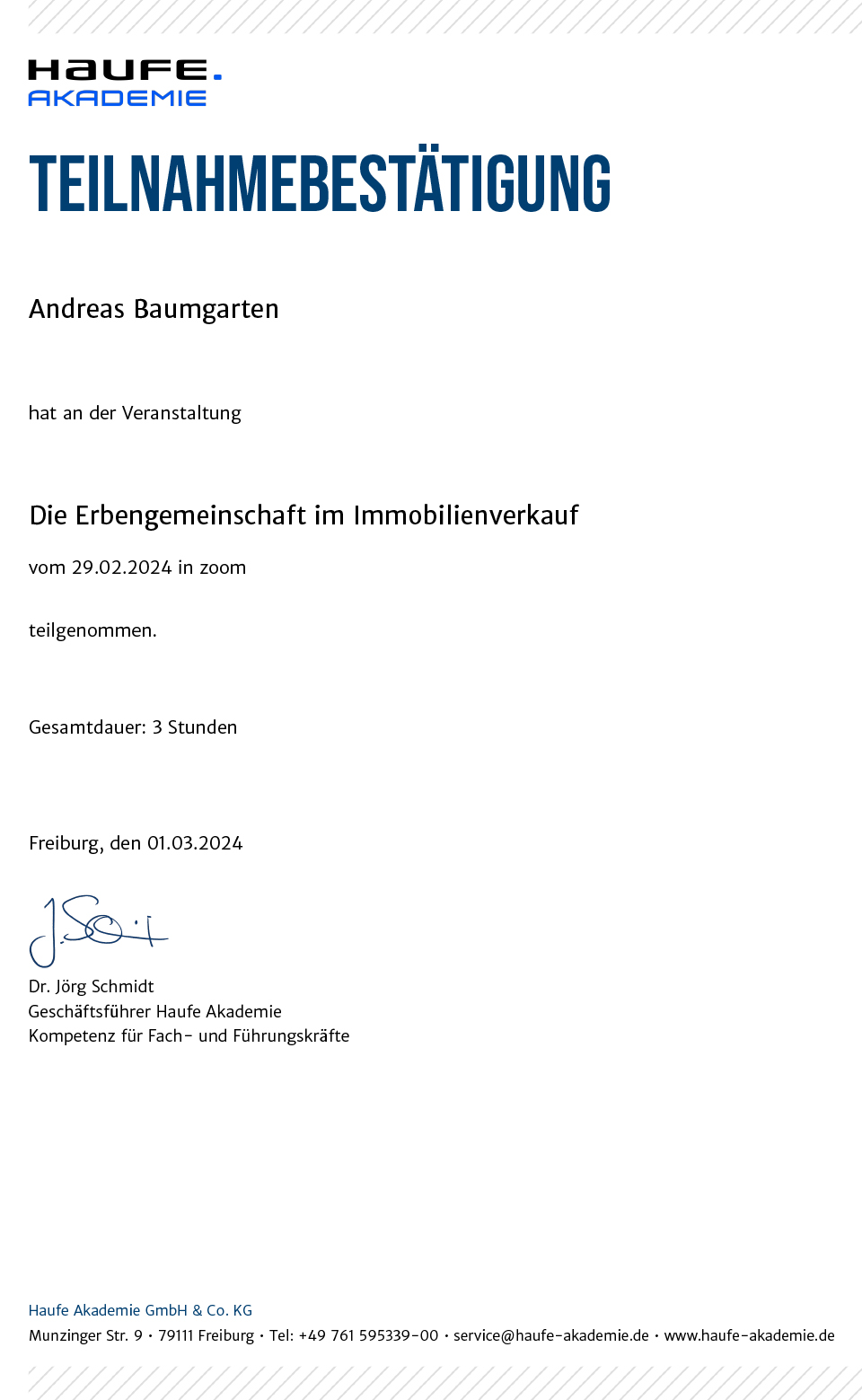 Teilnahmebestätigung - Die Erbengemeinschaft im Immobilienverkauf